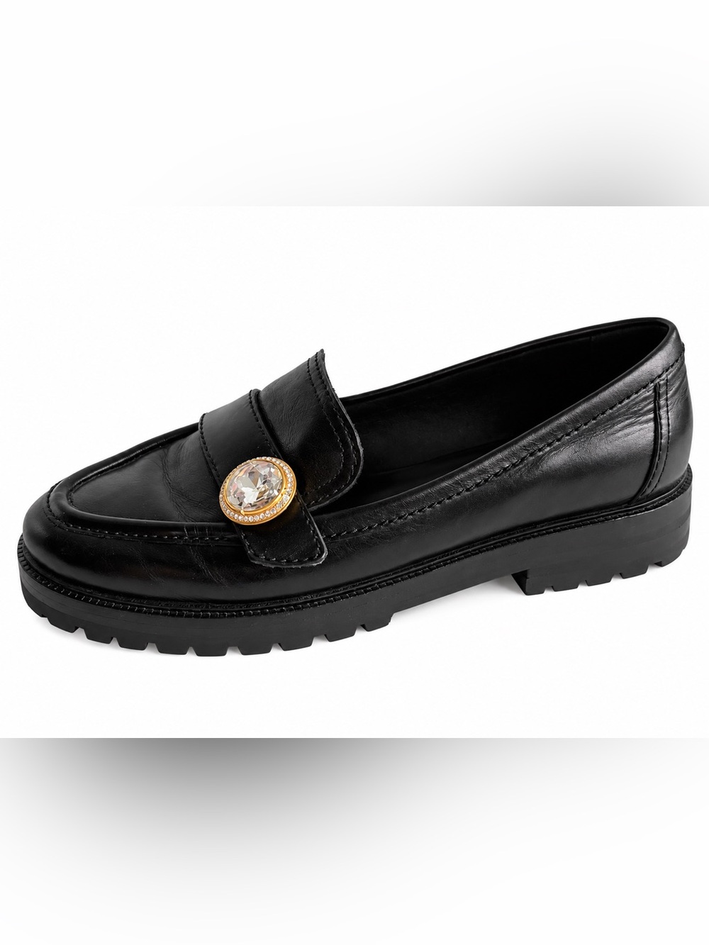 Kate Spade New York Black Leather Crystal Embellished Lug Sole Loafers Size 7